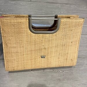 Elaine Turner Straw Clutch with Metallic Handle and feet